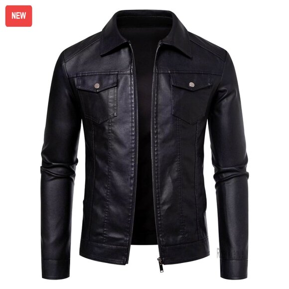 Men's Moto Biker Jacket Faux Leather Windproof Coat Size M